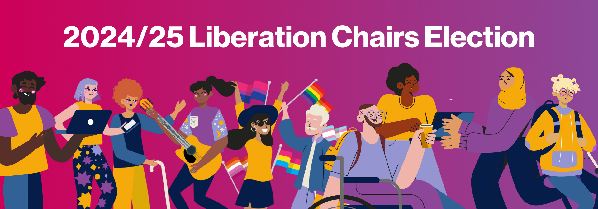 web banner with illustrations and text reading "2024/25 liberation chairs election"